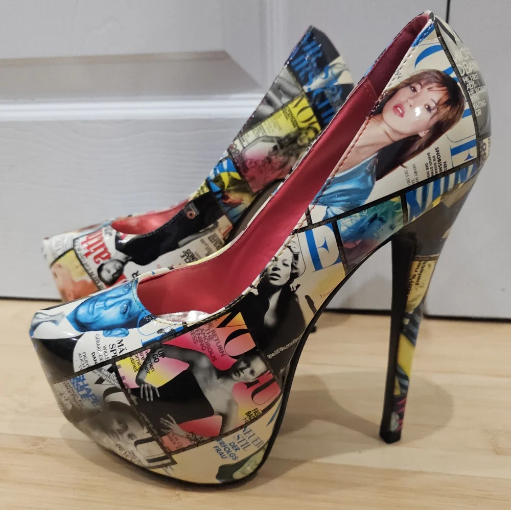 Unique Liliana Magazine Vogue Multi Color Print Platform High Heels Pumps Shoe 9 - Picture 2 of 11